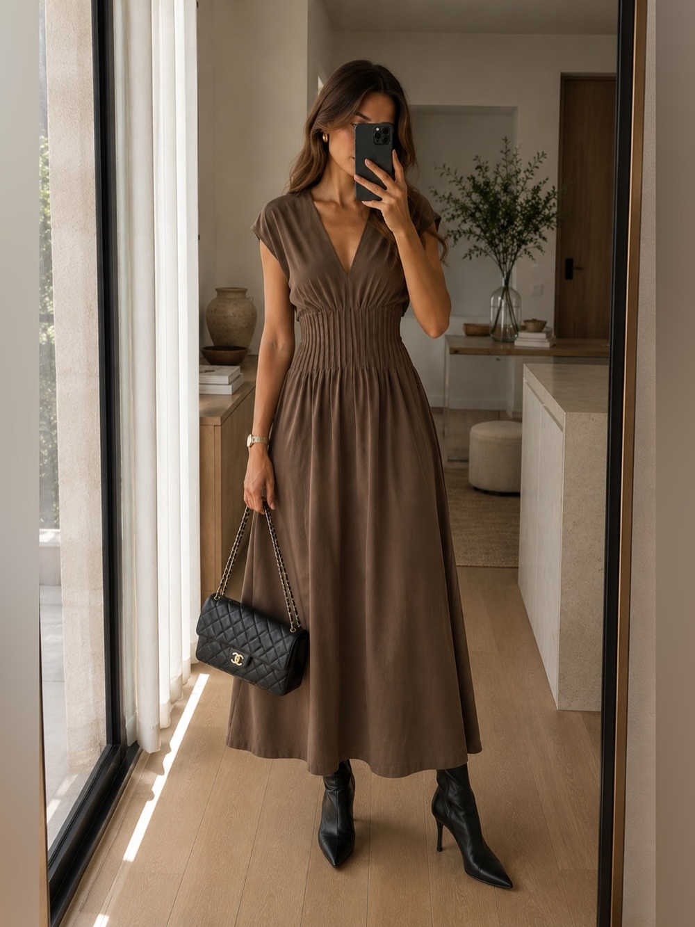Vince Pintuck V-Neck Cotton Midi Dress Brown Cap Sleeve Size M NWT
